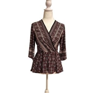 Boho Peplum Top Floral Print 3/4 Sleeve Blouse faux wrap Size M dark romantic‎